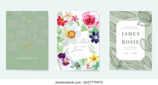 Elegant wedding invitation card background vector. Minimal hand painted watercolor botanical flowers texture template background. Design illustration for wedding, vip cover, poster, rsvp modern card.