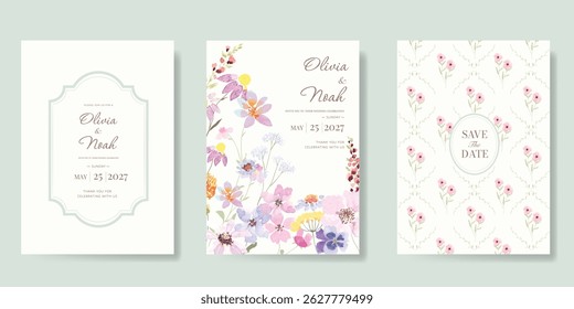 Elegant wedding invitation card background vector. Minimal hand painted watercolor botanical flowers texture template background. Design illustration for wedding, vip cover, poster, rsvp modern card.