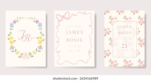 Elegant wedding invitation card background vector. Minimal hand drawn ribbon frame and floral frame template background. Design illustration for wedding, vip cover, poster, rsvp modern card.