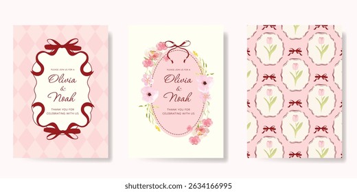 Elegant wedding invitation card background vector. Minimal hand drawn ribbon frame and floral frame template background. Design illustration for wedding, vip cover, poster, rsvp modern card.