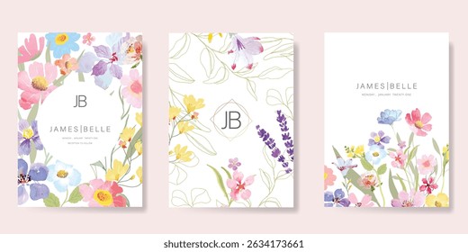 Elegant wedding invitation card background vector. Minimal hand painted watercolor botanical flowers texture template background. Design illustration for wedding, vip cover, poster, rsvp modern card.