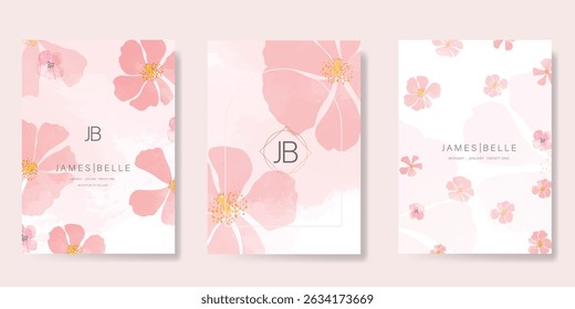 Elegant wedding invitation card background vector. Minimal hand painted watercolor botanical flowers texture template background. Design illustration for wedding, vip cover, poster, rsvp modern card.