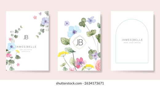 Elegant wedding invitation card background vector. Minimal hand painted watercolor botanical flowers texture template background. Design illustration for wedding, vip cover, poster, rsvp modern card.