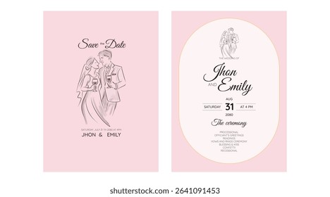 Elegant wedding invitation card background vector. Minimal hand drawn bride and groom in watercolor botanical flowers texture. Design for wedding, vip cover template, rsvp modern card, poster.