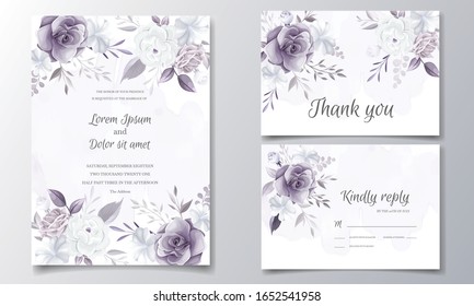 Elegant wedding invitation card with beautiful purple and white floral