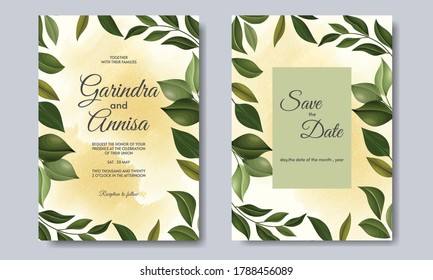 Elegant wedding invitation card with beautiful leaves template Premium Vector	
