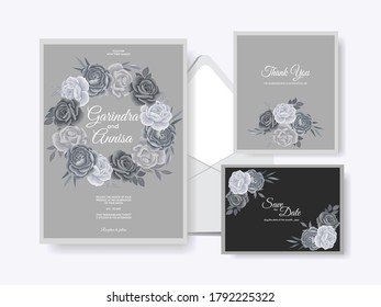 Elegant wedding invitation card with beautiful gray floral and leaves template Premium Vector	