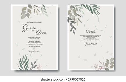 Elegant wedding invitation card with beautiful floral and leaves template Premium Vector	
