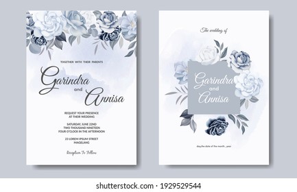  Elegante tarjeta de invitación de boda con hermosa floral y plantilla de hojas Premium Vector