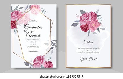  Elegant wedding invitation card with beautiful floral and leaves template Premium Vector