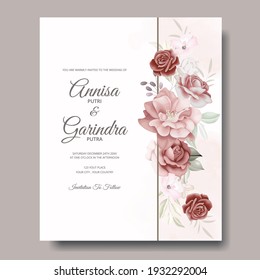  Elegant wedding invitation card with beautiful floral and leaves template Premium Vector