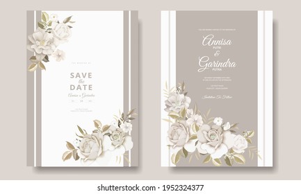  Elegante tarjeta de invitación de boda con hermosa floral y plantilla de hojas Premium Vector