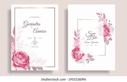  Elegant wedding invitation card with beautiful floral and leaves template Premium Vector