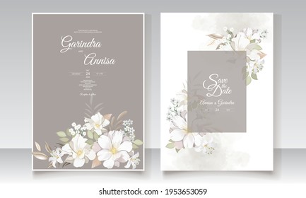  Elegante tarjeta de invitación de boda con hermosa floral y plantilla de hojas Premium Vector