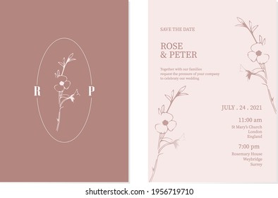 Elegant wedding invitation card with beautiful floral ornaments, Save the date.