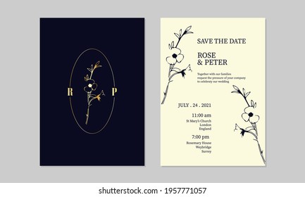 Elegant wedding invitation card with beautiful floral ornaments, Save the date.