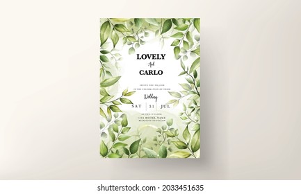 Elegant wedding invitation card with beautiful watercolor leaves