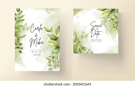 Elegant wedding invitation card with beautiful watercolor leaves