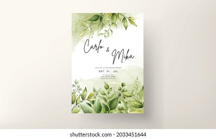 Elegant wedding invitation card with beautiful watercolor leaves