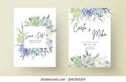 elegant wedding invitation card with beautiful succulent flower watercolor