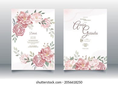 Elegant wedding invitation card with beautiful floral and leaves template Premium Vector