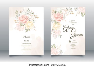  Elegant wedding invitation card with beautiful orange floral and leaves template Premium Vector
