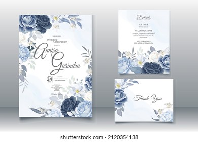Elegant wedding invitation card with beautiful navy blue floral and leaves template Premium Vector