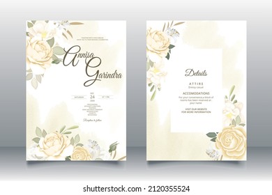  Elegant wedding invitation card with beautiful floral and leaves template Premium Vector