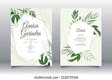  Elegant wedding invitation card with beautiful leaves template Premium Vector