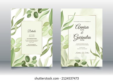  Elegante tarjeta de invitación de boda con la plantilla de hojas hermosas Premium Vector