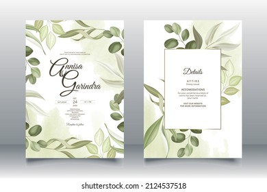  Elegant wedding invitation card with beautiful leaves template Premium Vector