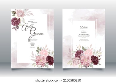  Elegant wedding invitation card with beautiful pink maroon floral and leaves template 