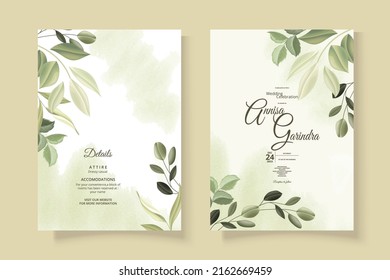   Elegante tarjeta de invitación de boda con hermosa plantilla de hojas verdes Premium Vector