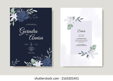  Elegante tarjeta de invitación de boda con hermosa floral azul marino blanco y plantilla de hojas Premium Vector