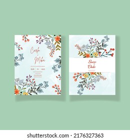 Elegant wedding invitation card with beautiful blue watercolor flower