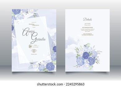 Elegant wedding invitation card with beautiful navy blue  floral and leaves template Premium Vector