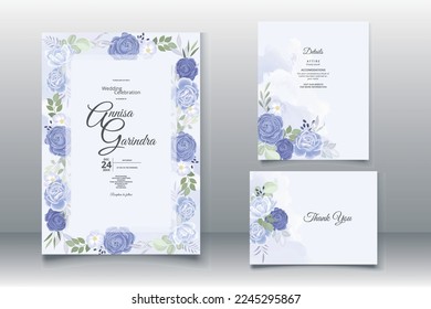 Elegant wedding invitation card with beautiful navy blue  floral and leaves template Premium Vector