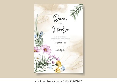 Elegant wedding invitation card with beautiful watercolor flowers