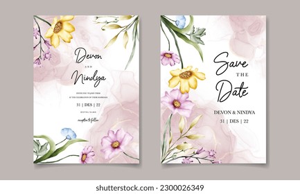 Elegant wedding invitation card with beautiful watercolor flowers