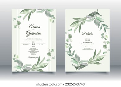 Elegant wedding invitation card with beautiful eucalyptus leaves template Premium Vector