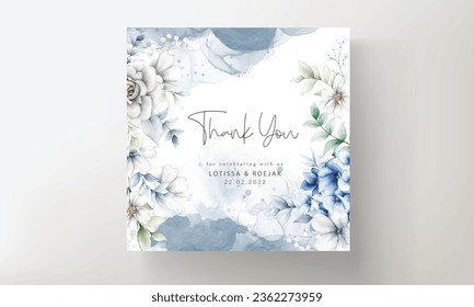 elegant wedding invitation card with beautiful grey and blue floral arrangement