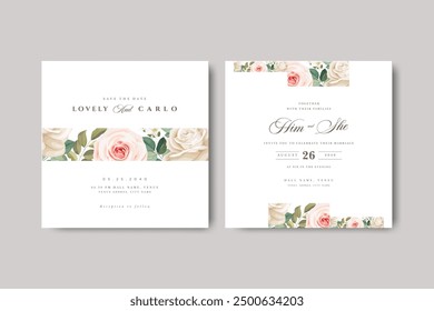 Elegant wedding invitation card with beautiful roses flowers design