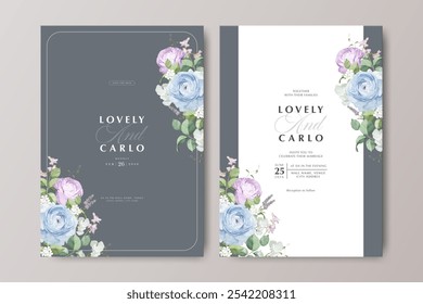 elegant wedding invitation card with blue and purple ranunculus flower