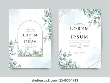 Elegant wedding invitation card with blue flowers green plants