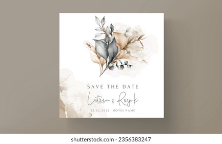 Elegant wedding invitation card with bohemian leaves watercolor