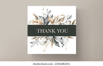 Elegant wedding invitation card with bohemian leaves watercolor