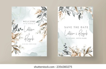 Elegant wedding invitation card with bohemian leaves watercolor