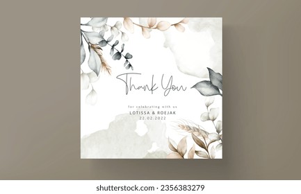 Elegant wedding invitation card with bohemian leaves watercolor