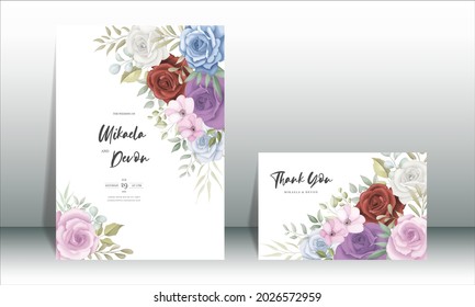 Elegant wedding invitation card with colorful flowers decoration