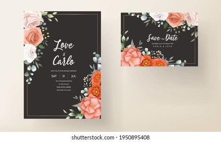 Elegant wedding invitation card decorated with beautiful orange flowers